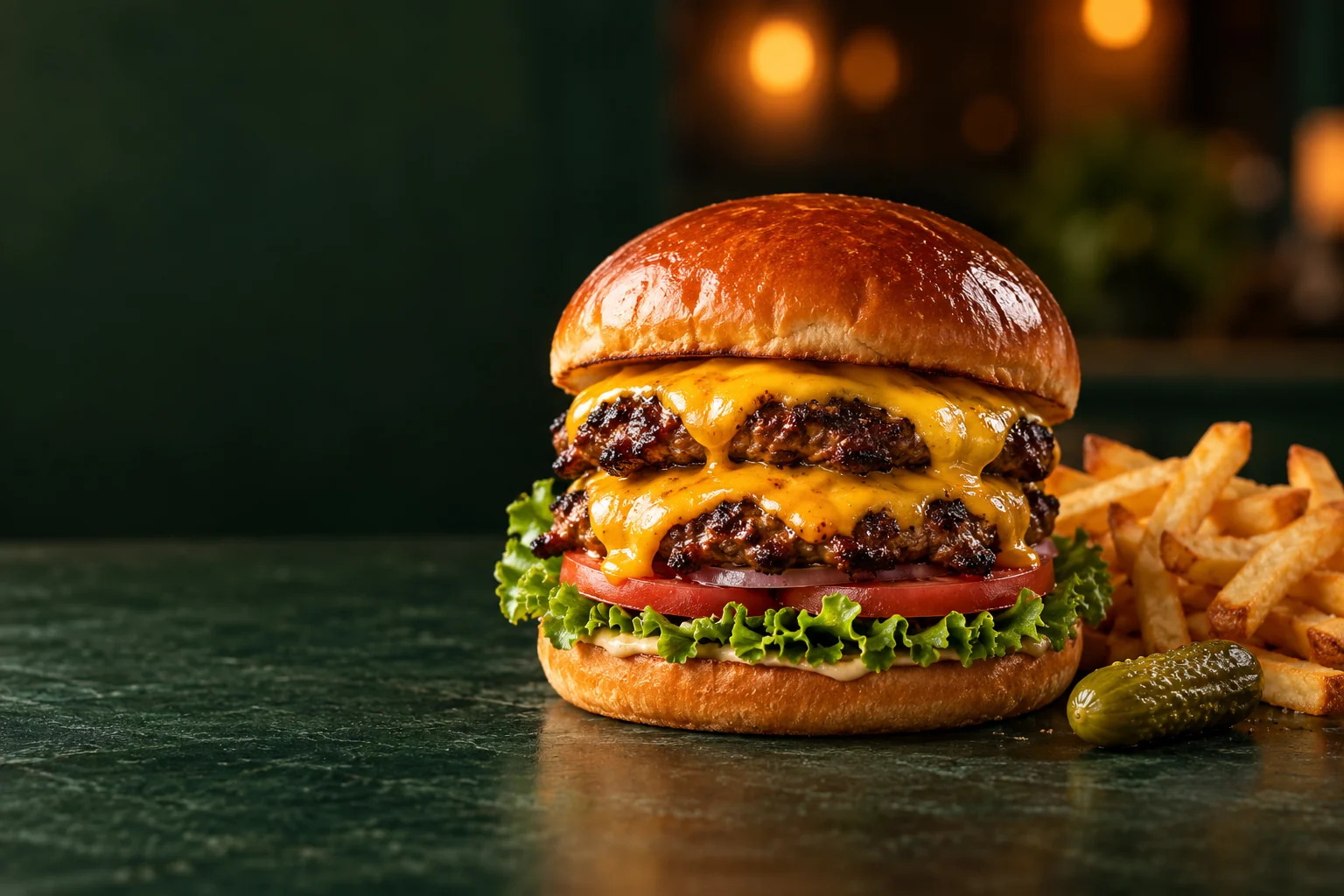 Double cheeseburger with a golden brioche bun, melted cheddar, lettuce, and fries