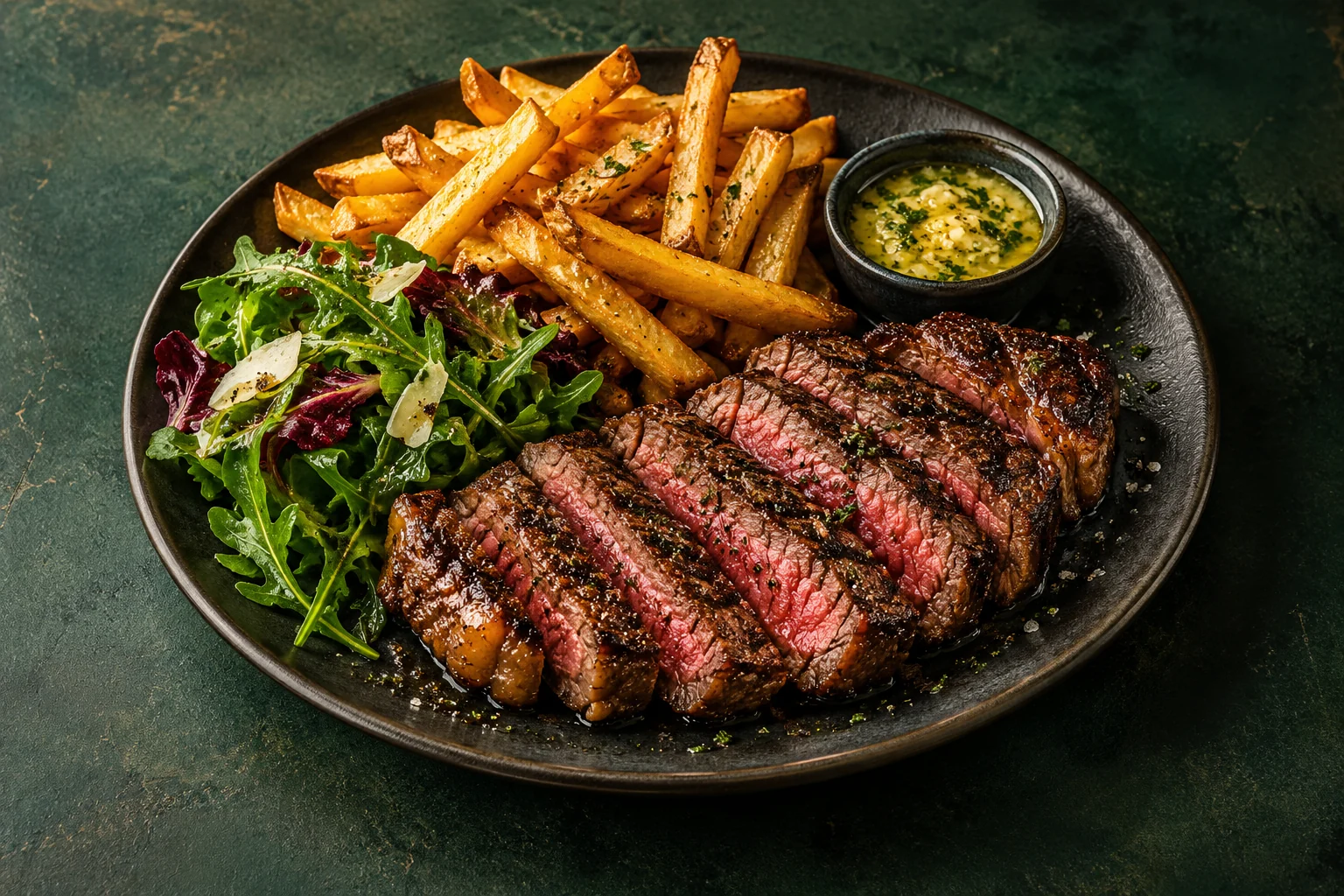 Grilled steak with golden fries and fresh salad